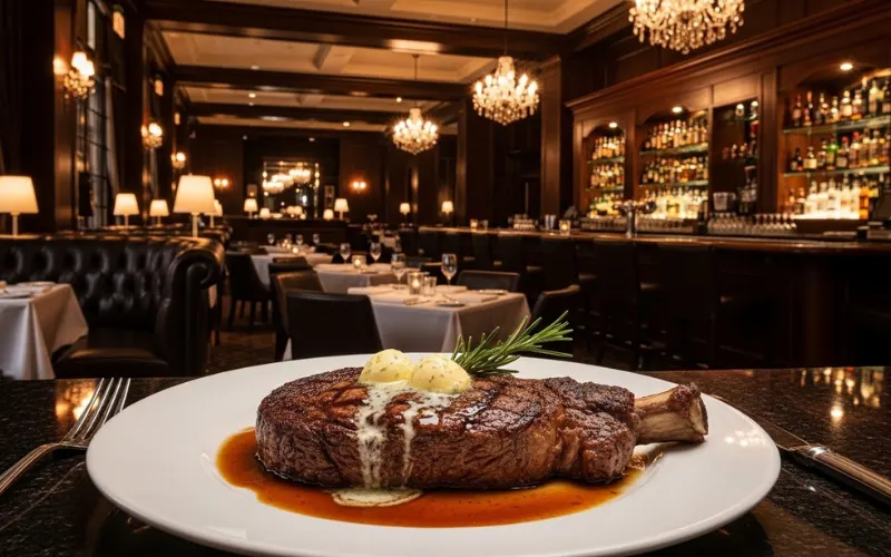 “luxury steakhouse interior, juicy steak on plate, butter melting, dark elegant restaurant, premium steak dinner presentation”