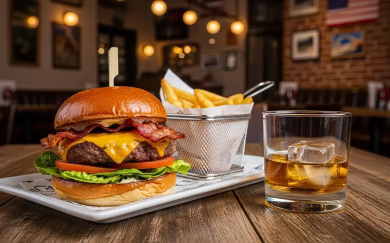 Gourmet burger and fries, bourbon glass, rustic American restaurant
