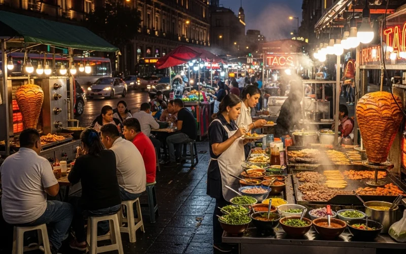 Busy Mexico City street with taco stands and people eating at night