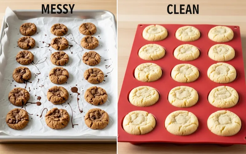 “Rimmed baking sheet with parchment vs silicone mold comparison, messy vs clean baking results, instructional style”