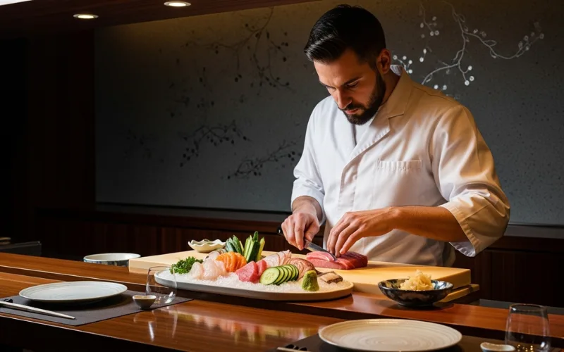 chef preparing sushi at omakase counter, minimal setting, luxury dining.