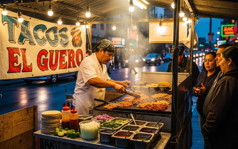 Small taco stand with chef grilling meat, simple street setup