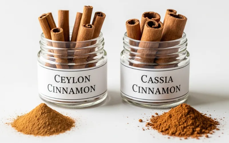 “Two types of cinnamon labeled Ceylon vs Cassia, clean comparison layout, close-up detail”