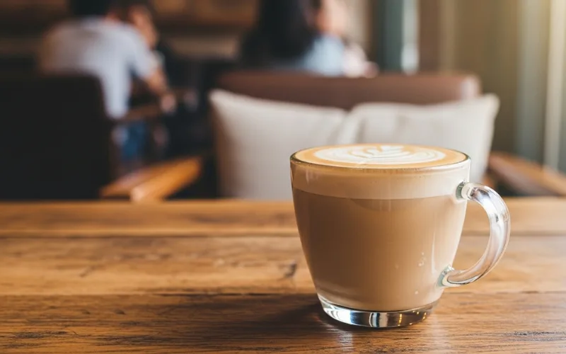 “Smooth frothy coffee in glass mug, cozy café style, warm tones, high detail”