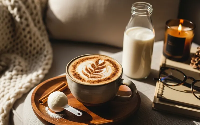 “Frothy coffee with cinnamon on top, collagen powder scoop nearby, almond milk splash, cozy aesthetic”
