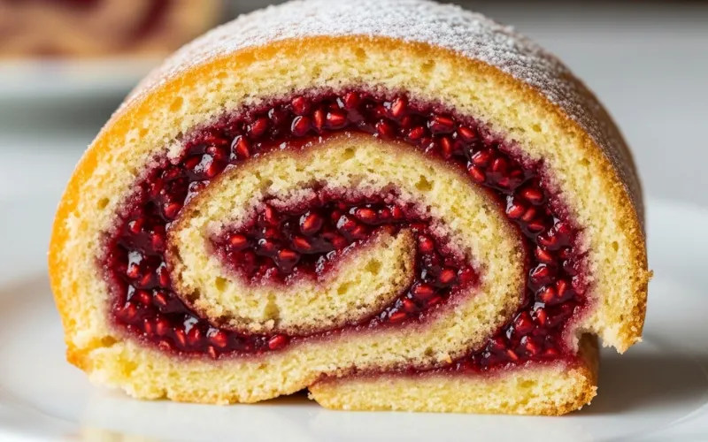 “Moist jelly roll slice with jam soaked sponge, rich texture close-up, appetizing detail”