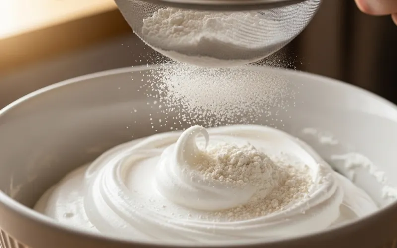 “Whipped egg whites forming stiff peaks in bowl, airy batter texture, flour being sifted, baking science illustration”