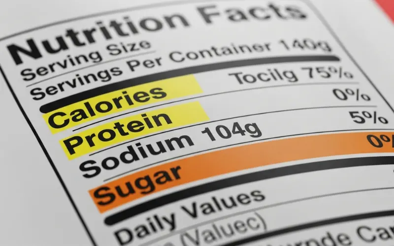 close-up of nutrition label on food packaging, highlighted calories protein sodium sugar, realistic lighting