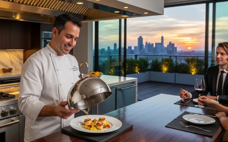“chef presenting dish to seated guests, modern open kitchen, rooftop sunset ambiance, luxury tasting experience”