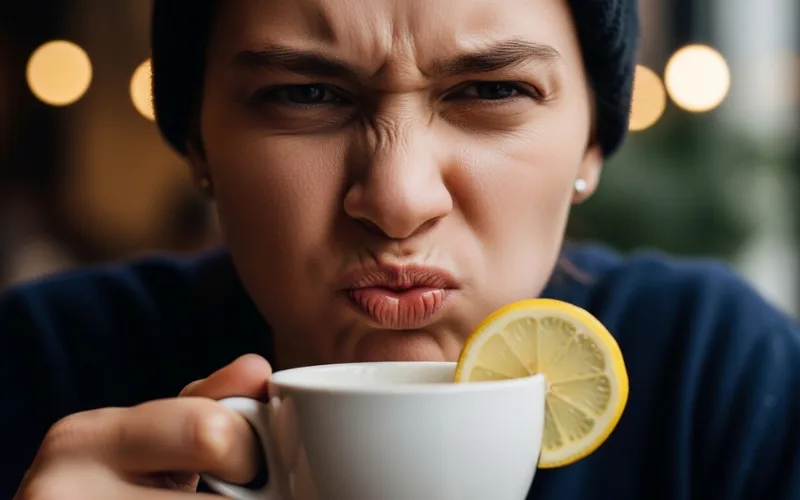 “Person making sour face after sipping lemon coffee, dramatic expression, close-up shot”
