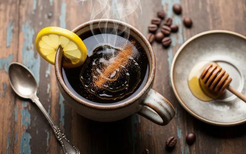 “Black coffee with lemon slice, honey drizzle, cinnamon sprinkle, rustic table, top view food photography”