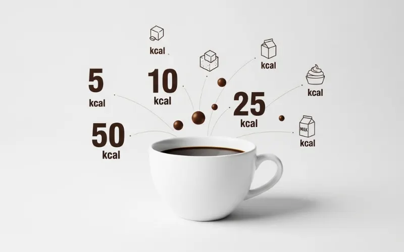 “Coffee cup with calorie numbers floating around, simple infographic style, modern design”