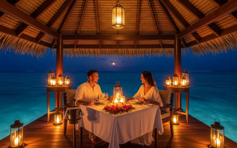 “private overwater cabana dining, lantern lights, romantic night setting, ocean view, luxury couple dinner”