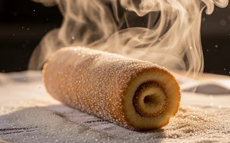 “Hot sponge flipped onto sugared tea towel and rolled tightly, steam rising, close-up action shot”