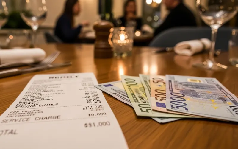 “restaurant bill on table with service charge line, cash tip left on table, restaurant setting, travel dining concept”