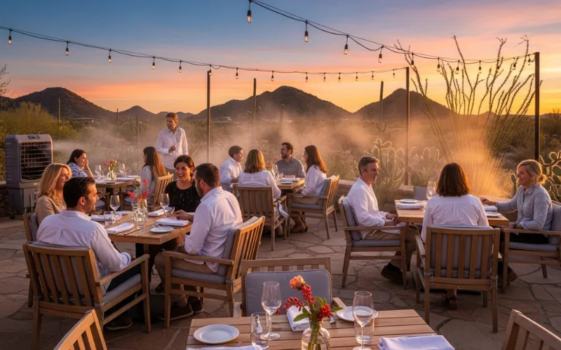 “Outdoor patio dining with mist cooling system, desert sunset, relaxed dining scene”