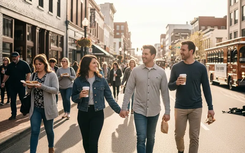 People walking downtown Knoxville with coffee and food, travel lifestyle photo