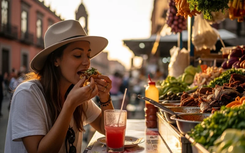 Traveler enjoying street tacos and agua fresca in Mexico City