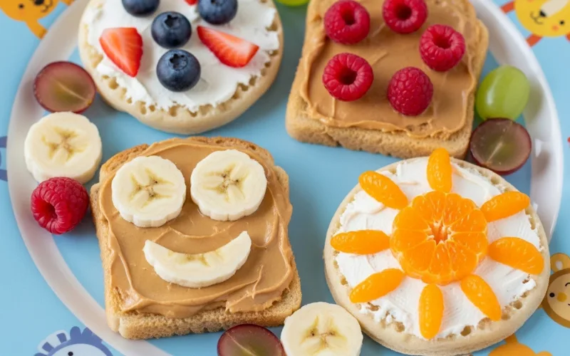 “close-up of toast and crumpets with peanut butter, cream cheese and fruit toppings, toddler-friendly food”