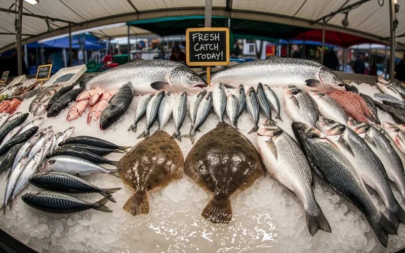 Variety of different fish types displayed on ice market stall