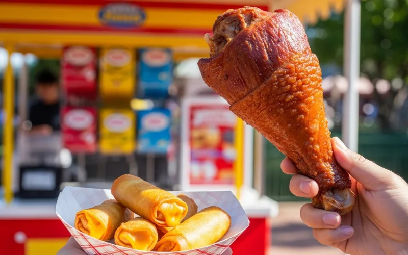 Disney turkey leg, cheeseburger spring rolls, theme park snack cart, handheld food photography