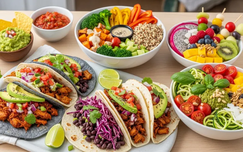 “Colorful vegan dishes, plant-based tacos, healthy bowls, bright aesthetic food photography”