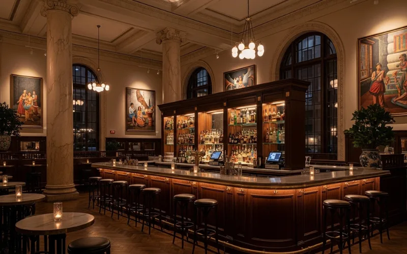 Pan-Latin tapas and cocktails inside historic bank building, dim lighting, elegant bar