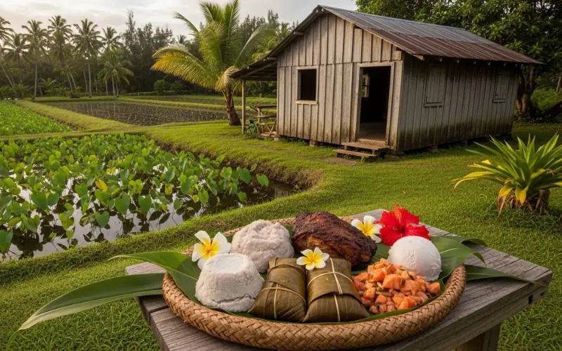 rural Hawaiian setting, wooden shack, taro fields, traditional food plate.