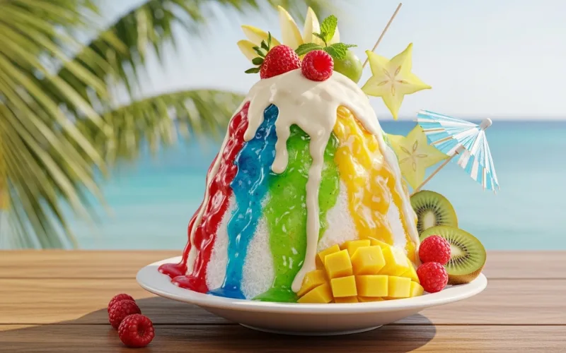 colorful shaved ice dessert, vibrant syrups, summer tropical feel.