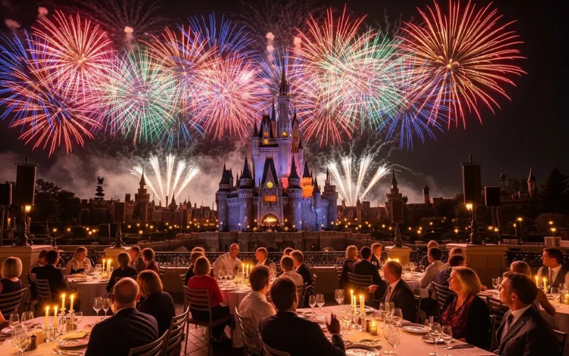 Fireworks over castle at night, people eating dinner with castle view, magical theme park night scene