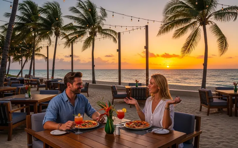 Couple dining at beachfront restaurant with sunset view and palm trees.
