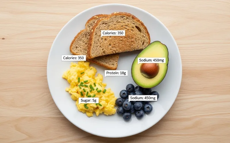 infographic style breakfast plate with calories, protein, sodium, sugar labels, clean minimal design, nutrition focus