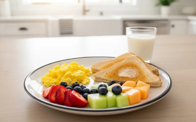 “balanced toddler breakfast plate with eggs, toast, fruit and milk, simple healthy meal, bright kitchen”