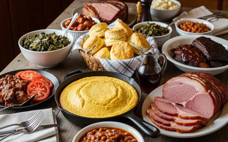 Southern Appalachian food table, cornbread, biscuits, country ham, BBQ, sorghum syrup, rustic wooden table