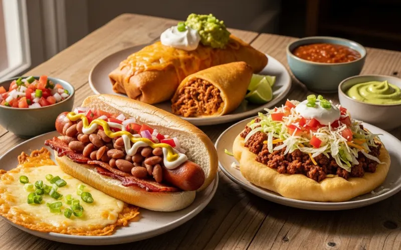 “Sonoran cuisine spread, hot dog, chimichanga, cheese crisp, fry bread taco, rustic table, natural light, authentic food photography”
