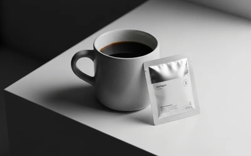 “Coffee cup with supplement sachet beside it, modern minimal product-style image”