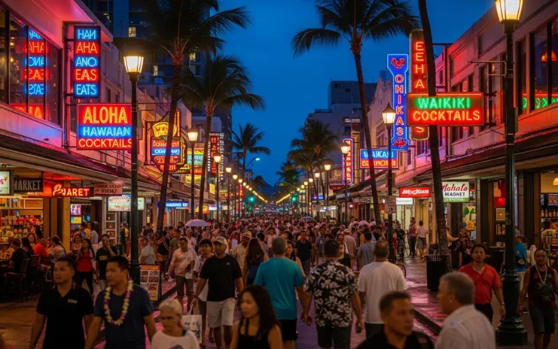 busy Honolulu street with restaurants, neon signs, evening crowd, tropical city atmosphere.