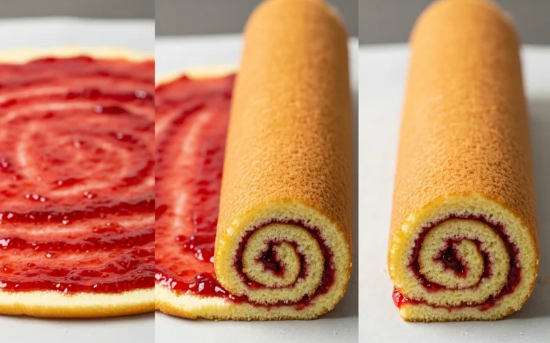 “Thin sponge cake being rolled with jam filling into spiral, step-by-step motion, soft bakery lighting, close-up texture”