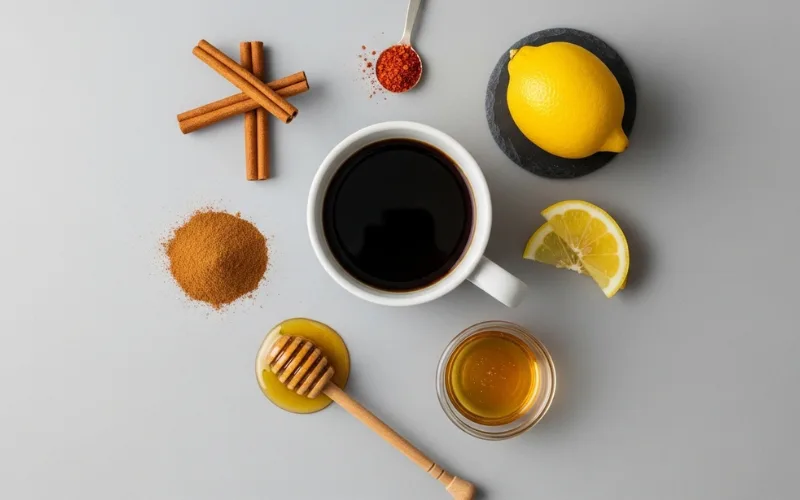 “Black coffee with ingredients laid out: cinnamon, lemon, honey, cayenne, minimal background, clean flat lay”