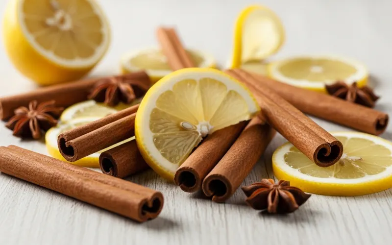 “Cinnamon sticks and lemon slices with subtle medical icons, clean and bright composition”