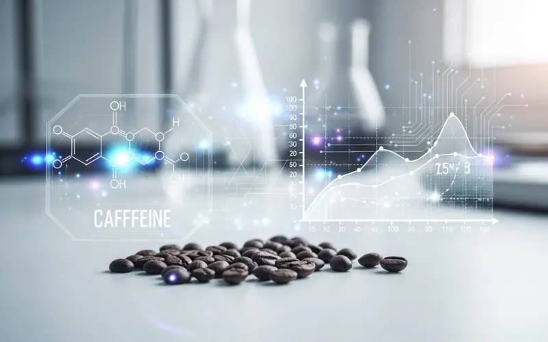 “Coffee beans with scientific elements overlay, graphs, minimal lab-style background”