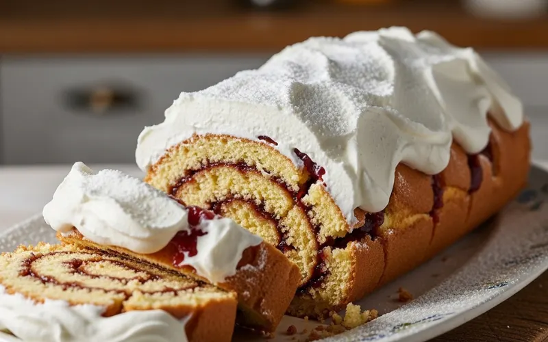 “Cracked jelly roll covered with whipped cream and sugar, rustic homemade look, recovery concept”
