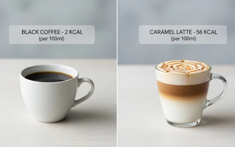 black coffee vs caramel latte comparison, calories label overlay, minimal clean setup