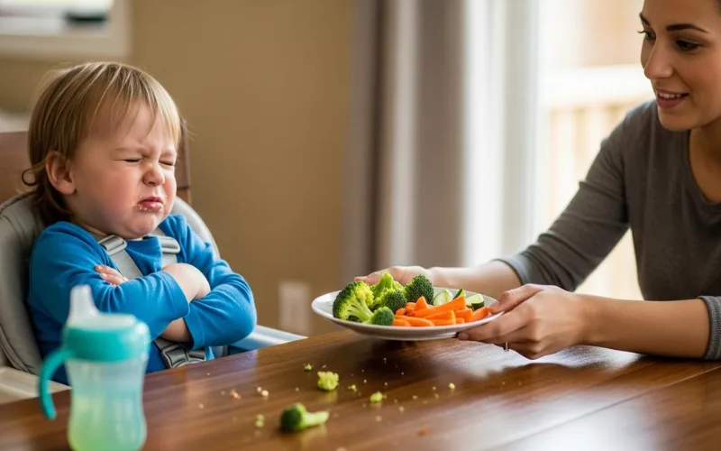“toddler refusing food at table while parent offers small plate calmly, realistic picky eating moment”