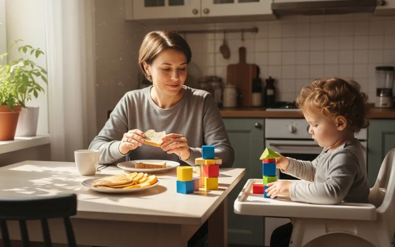 “parent eating breakfast calmly while toddler ignores food, peaceful no-pressure mealtime”