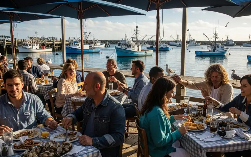 locals eating at casual outdoor seafood spot, harbor background, authentic vibe.