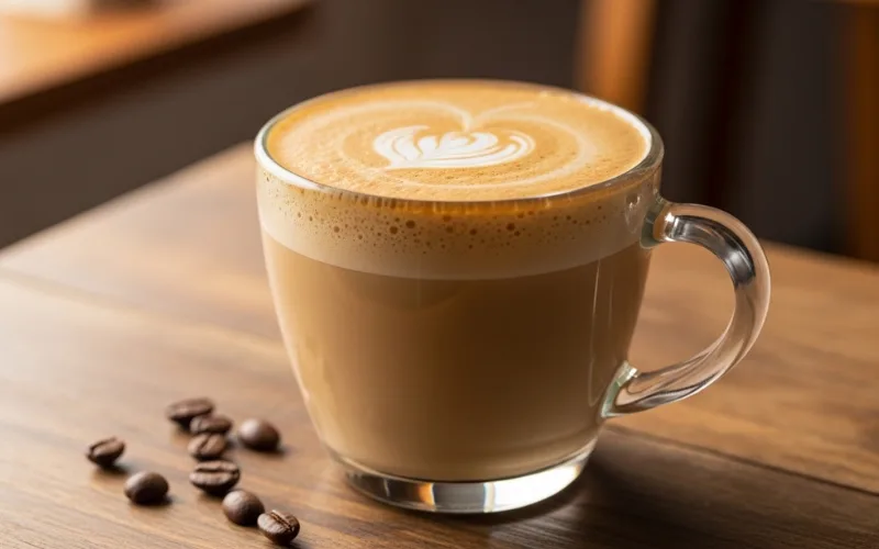 “Coffee blended with butter and oil, creamy texture, keto style drink, wooden table”