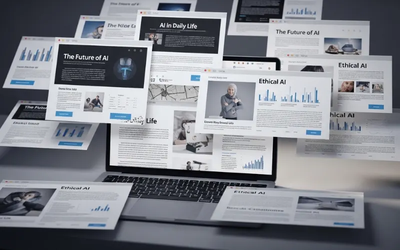 “Laptop screen showing multiple identical blog pages, digital clutter, AI concept, moody lighting”