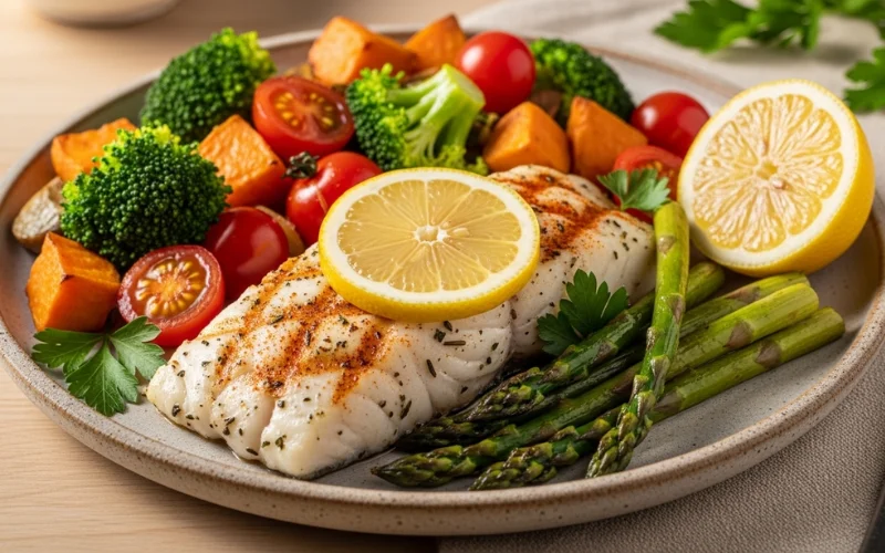 Healthy meal with grilled fish, vegetables, and lemon on plate