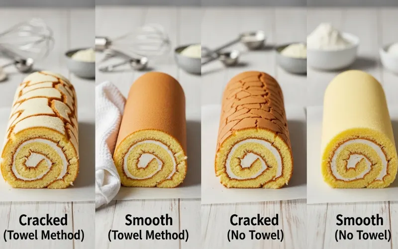 “Comparison of cracked vs smooth rolled cake, towel method vs no towel, baking science visual”